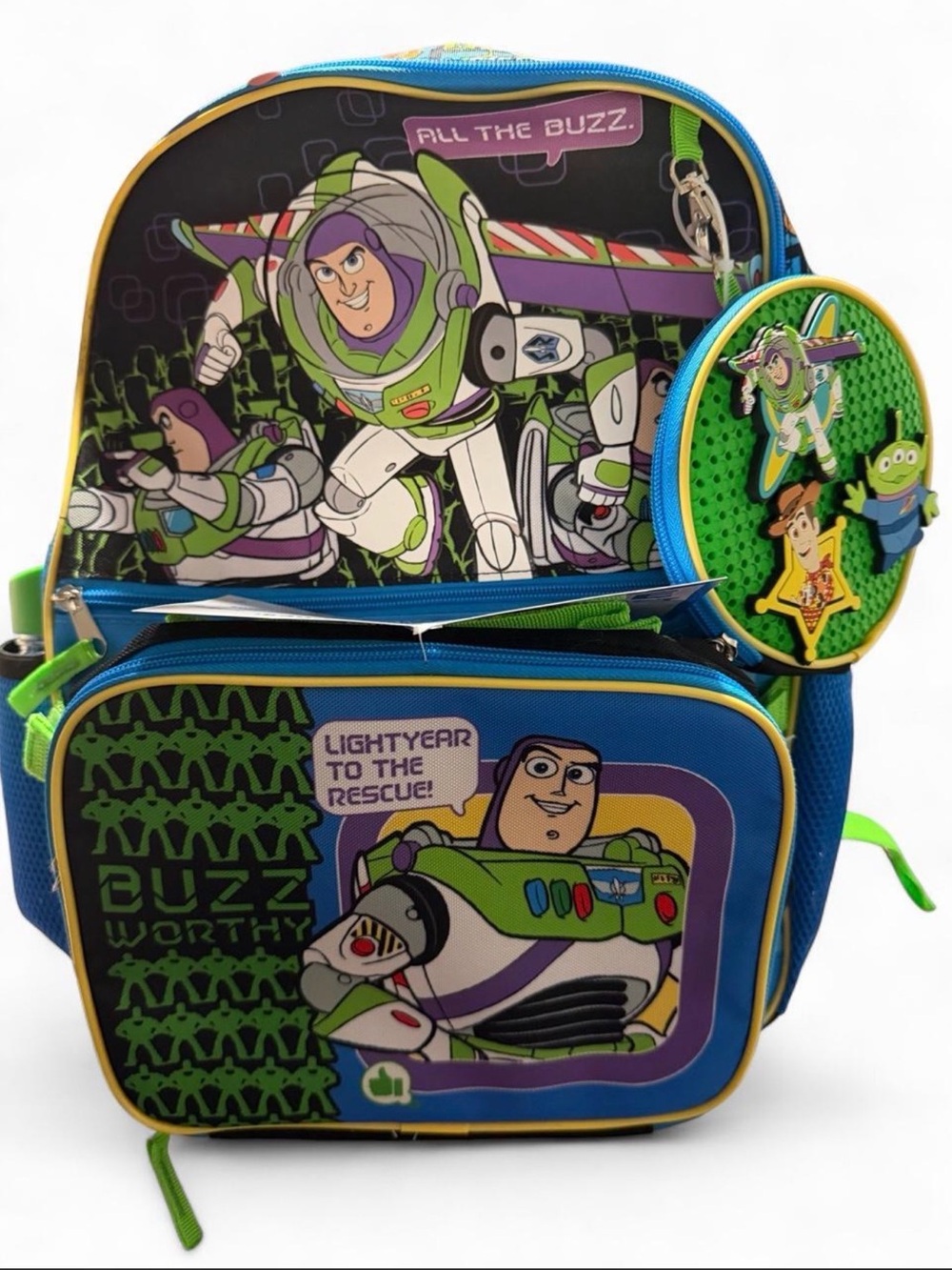 Bioworld Buzz Lightyear Kids Backpack - Green, Purple, Blue 16in H 12in W